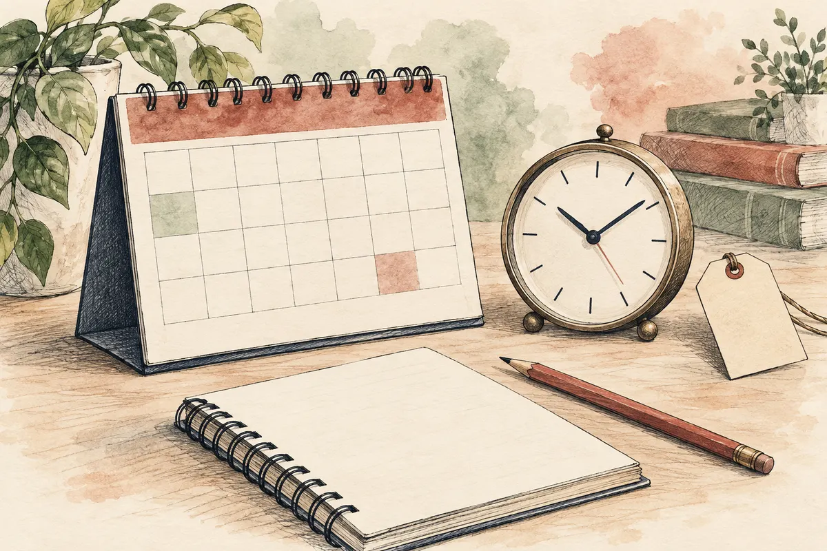 Calendário, relógio, etiqueta sem texto e caderno de estudo.