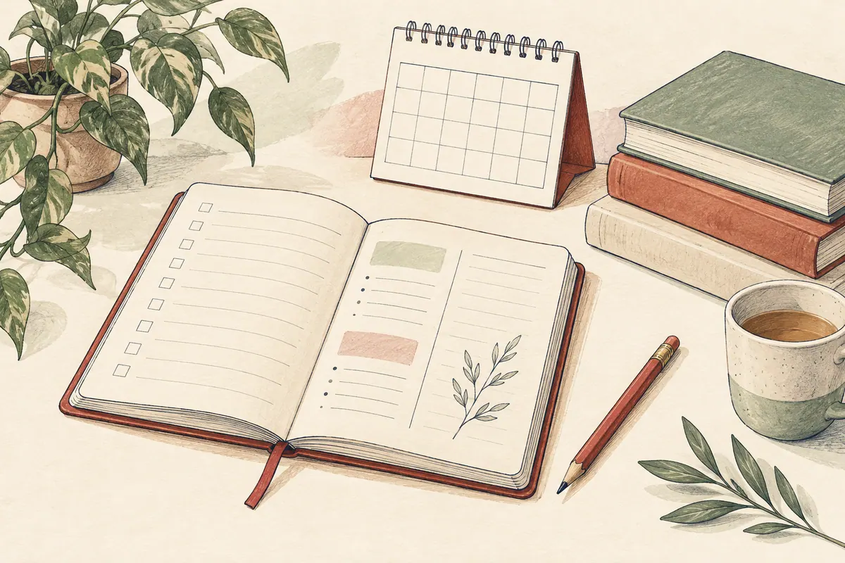 Caderno, calendário e livros para organizar o estudo.