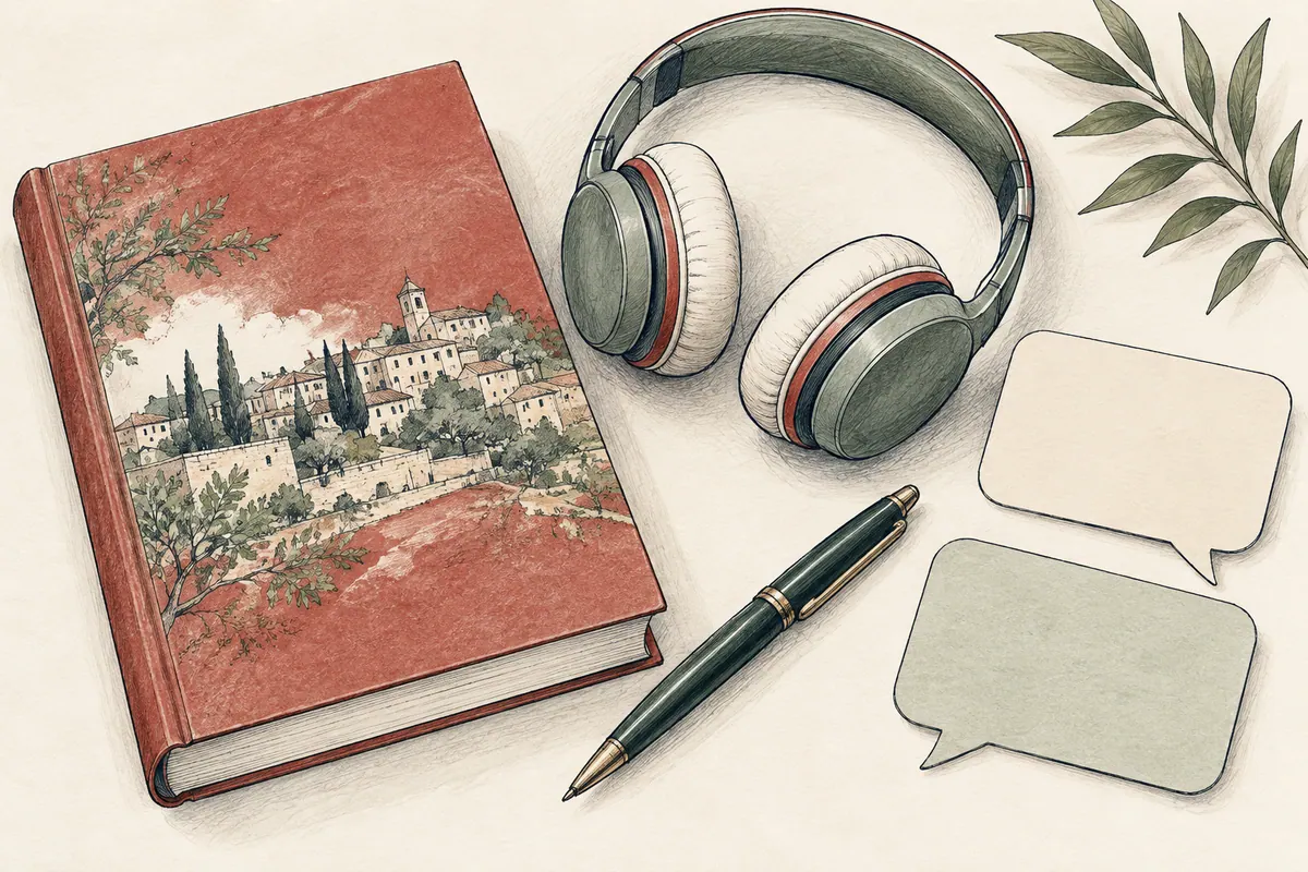 Livro, auscultadores, caneta e cartões de conversa.