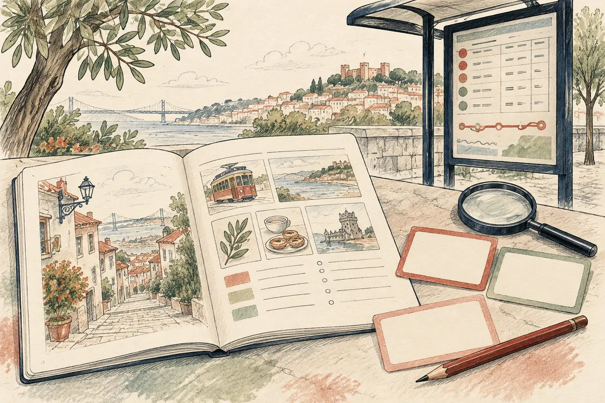 Caderno aberto, cartões de avisos e um horário desenhado.