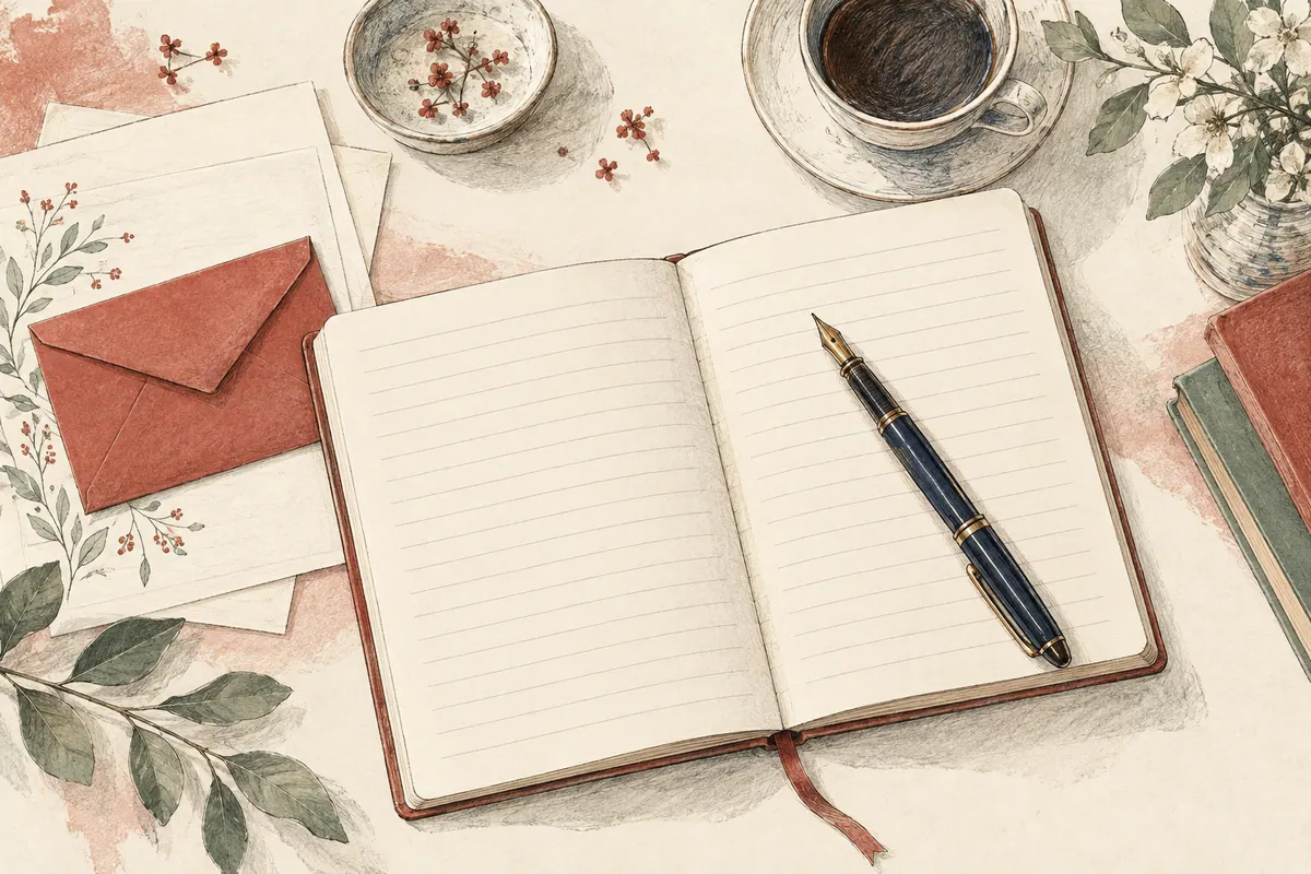 Caderno aberto, caneta e envelope para praticar a escrita.