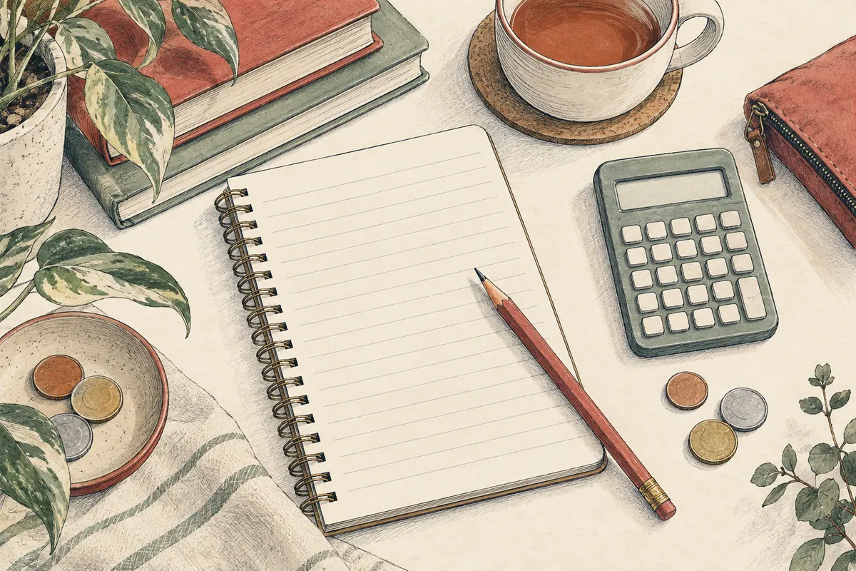 Calculadora, moedas e caderno para planear despesas.