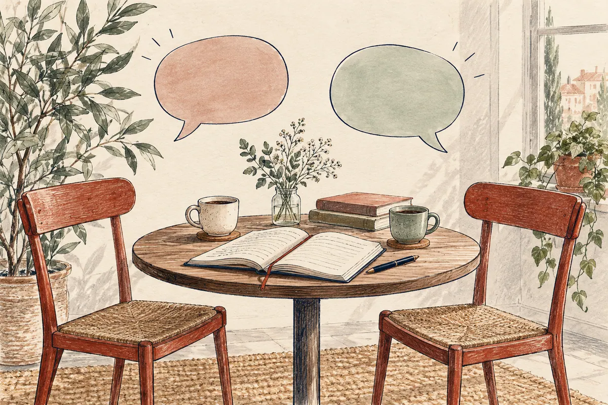 Duas cadeiras, livro e balões de conversa.