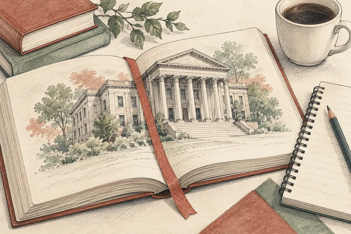 Desenho de um edifício cívico num livro e notas de estudo.