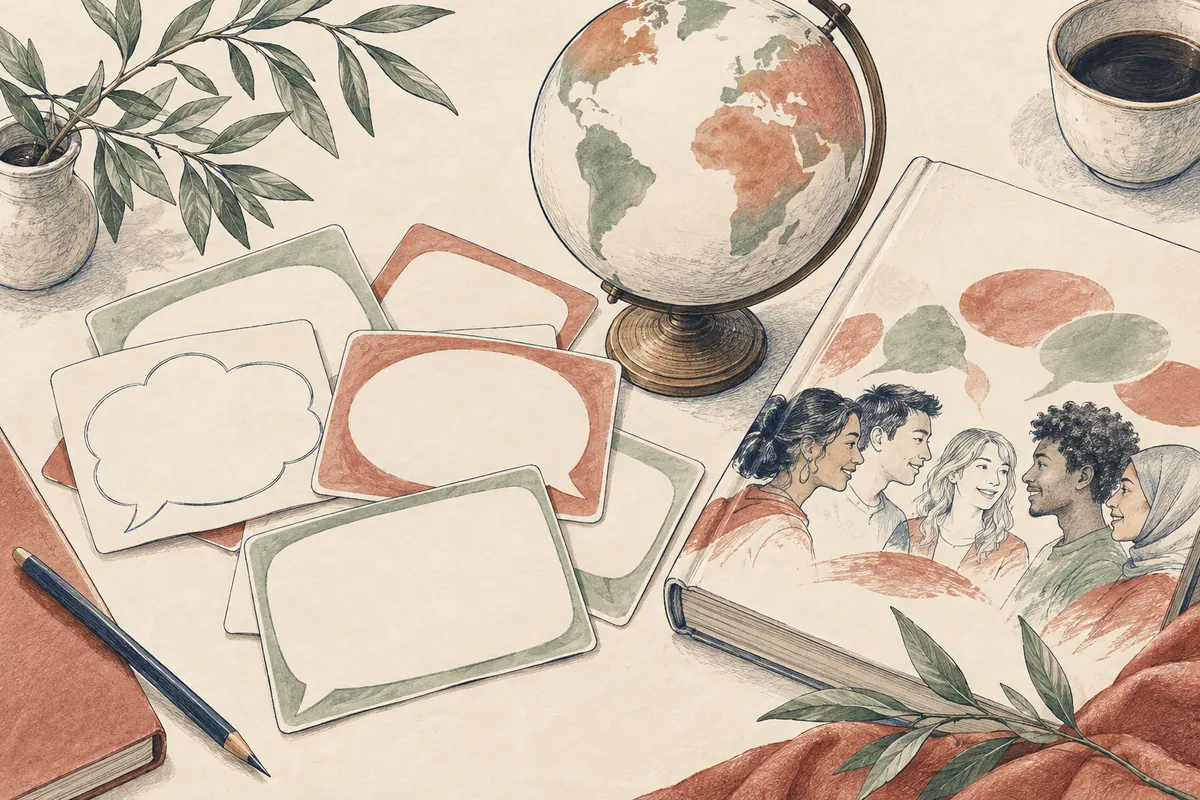 Globo, cartões de conversa e livro de língua.