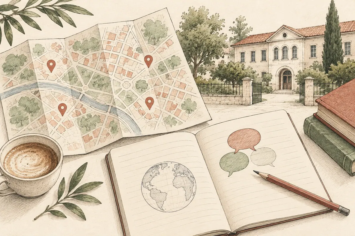 Mapa, escola e caderno para procurar um curso.