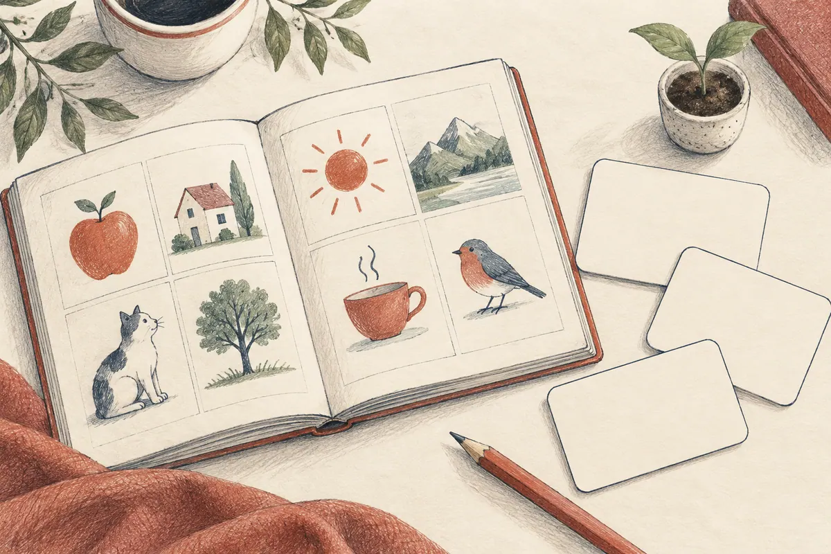 Livro inicial, cartões e um pequeno rebento.