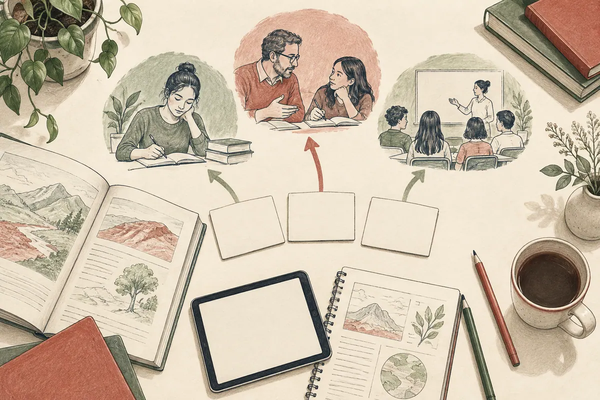 Livro, tablet e cenas de estudo autónomo, apoio individual e uma turma.